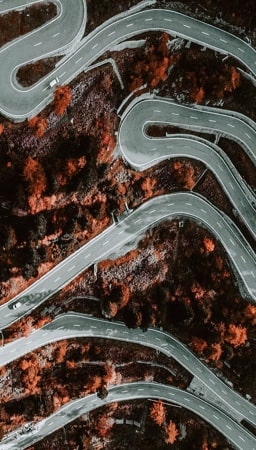 a zig-zag road viewed from above